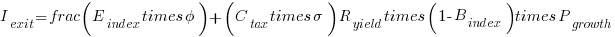 I_{exit} = frac{(E_{index} times phi) + (C_{tax} times sigma)}{R_{yield} times (1 - B_{index}) times P_{growth}} I_{exit} = frac{(E_{index} times phi) + (C_{tax} times sigma)}{R_{yield} times (1 - B_{index}) times P_{growth}}