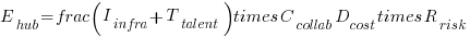 E_{hub} = frac{(I_{infra} + T_{talent}) times C_{collab}}{D_{cost} times R_{risk}}