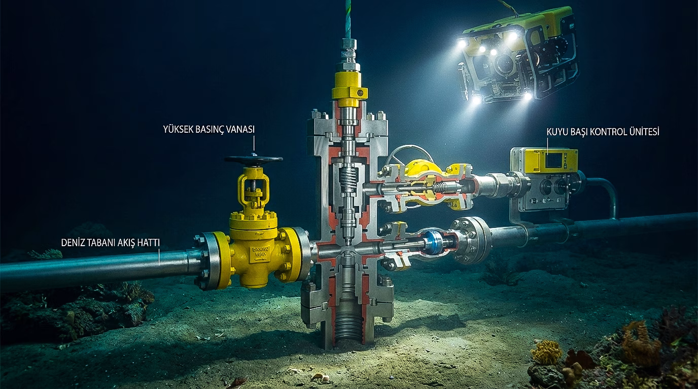 Derin deniz tabanı kuyu başı üretim sistemi ve deniz altı enerji teknolojileri teknik kesiti