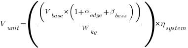 V_{unit} = ( ( V_{base} * ( 1 + alpha_{edge} + beta_{bess} ) ) / W_{kg} ) * eta_{system} V_{unit} = ( ( V_{base} * ( 1 + alpha_{edge} + beta_{bess} ) ) / W_{kg} ) * eta_{system}