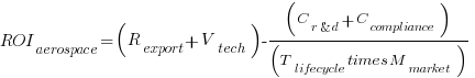 ROI_{aerospace} = (R_{export} + V_{tech}) - (C_{r&d} + C_{compliance}) / (T_{lifecycle} times M_{market})