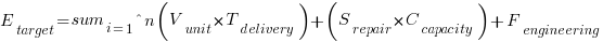 E_{target} = sum_{i=1}^{n} (V_{unit} times T_{delivery}) + (S_{repair} times C_{capacity}) + F_{engineering} E_{target} = sum_{i=1}^{n} (V_{unit} times T_{delivery}) + (S_{repair} times C_{capacity}) + F_{engineering}