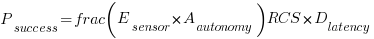P_{success} = frac{(E_{sensor} times A_{autonomy})}{RCS times D_{latency}} P_{success} = frac{(E_{sensor} times A_{autonomy})}{RCS times D_{latency}}